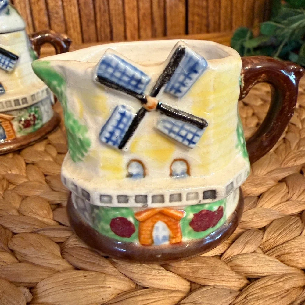 Vintage Dutch Windmill Ceramic Sugar Bowl and Creamer Set Japan Good 2pc
